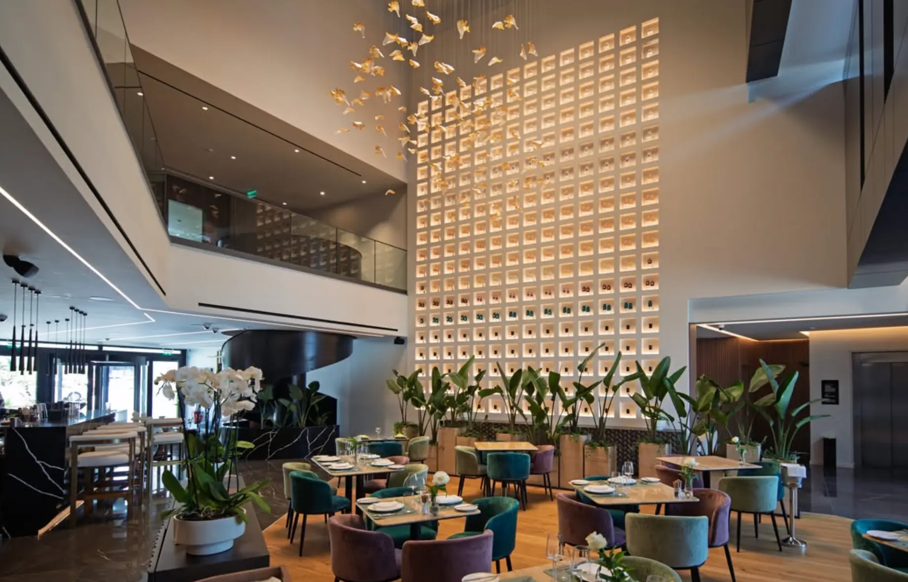 Serbellas Boutique Hotel atrium with sculptural lighting installation